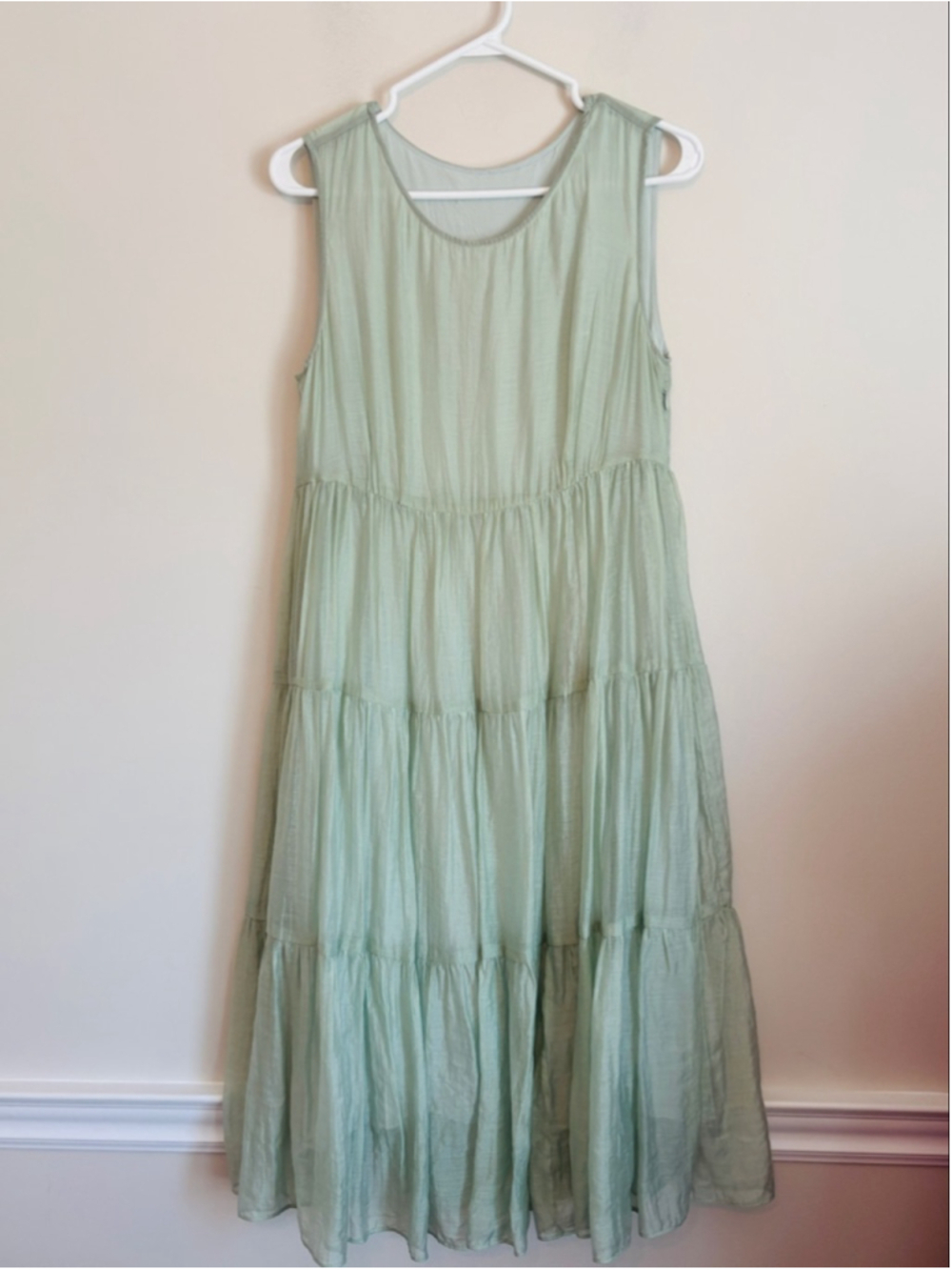 THE KORNER Light Green Sleeveless Tiered Maxi Dress Size S Cottagecore Boho Chic